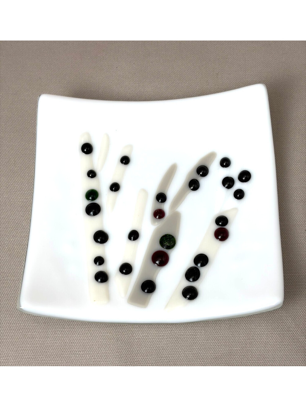 Handmade Fused Art Glass Decorative Dish Trinket Tray White Tree Abstract 6"